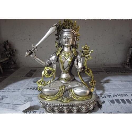 Tibet White copper silver Gild Manjusri Manjushri Guan Yin Kwan-yin Goddess