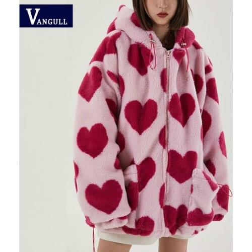 Vangull Fashion Heart Print Plush Jacket Women Winter Korean Large Size Long Sleeve Outwear Thick Warm Hooded Lamb Wool Coats