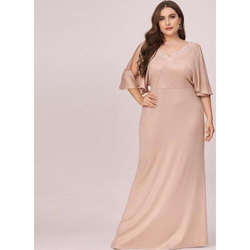 Evening Dress Fashion V-Neck Pleat Half Sleeves Simple Mermaid New Zipper Back Floor-Length Plus Size Women Formal Gowns D997