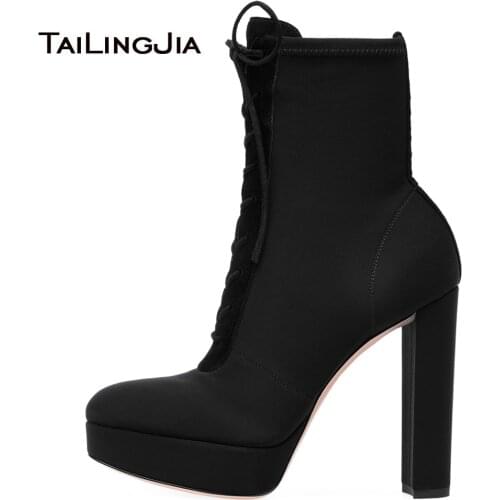Women Round Toe Chunky Heel Platform Boots Lace Up Black Stretch Ankle Booties Ladies High Heeled Winter Shoes Platforms 2018