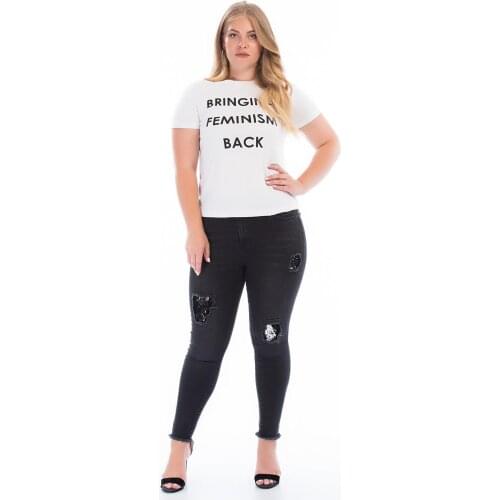 Womens Plus Size Sequins Detail Jeans Pants Black 49108