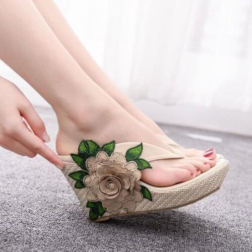 Women sandals wedding Party Lace PU Rhinestones Slip On 9CM Wedges High heels Round Toe Flower waterproof women shoes size 35-42