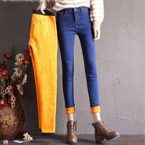 Hot Sales 2019 New Winter Warm Thick Jeans Women Casual High Waist Plus Velvet Jeans Elastic Skinny Pencil Pants Female Denim