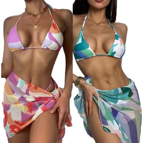 2021 Ladies Split Swimsuit Three-piece Lace Bikini Geometric Print Swimsuit Sexy Bikini Suit With Wrap Skirt Sarong Beach Wear