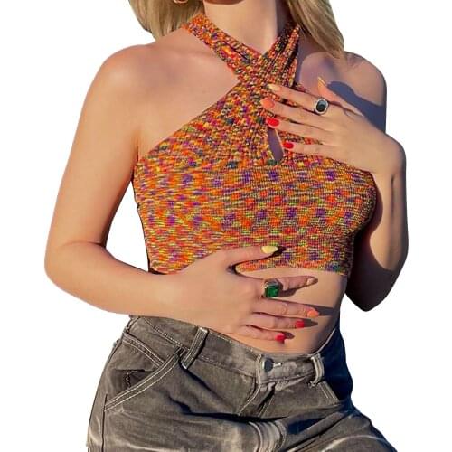Womens Tube Top,Female Summer Casual Comfortable Cross Halter-Neck Sleeveless Backless Tight Knitted Crop Tops for Girls, Brown