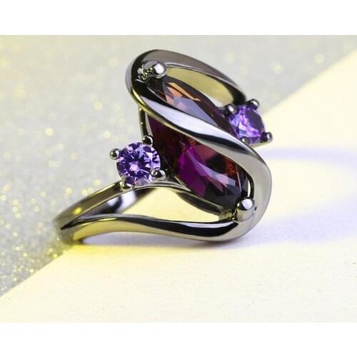 Charm Female Purple Crystal Stone Ring Vintage 14KT Black Gold Engagement Rings For Women Classic Leaf Zircon Wedding Thin Ring