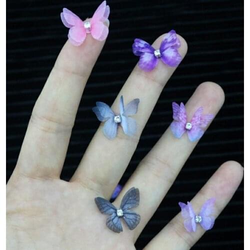 10pcs 3D chiffon butterfly with double layer wings vivid cloth butterfly with nail diamond nail art decorations nail accessories