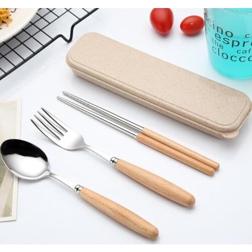 3Pcs/set Portable Stainless Steel Cutlery Set Wooden Handle Fork Spoon Chopsticks Dinner Tableware Set Travel Kit New