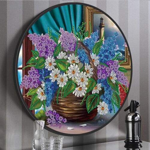 Purple Flower Pattern Diamond Painting With Round Frame DIY 5D Diamond Embroidery Cross Stitch Home Wall Decoration Gift