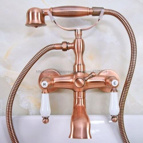 Antique Red Copper Bathroom Clawfoot Bath Tub Faucet Mixer Tap Ceramic Handle Hand Shower Head Nna327