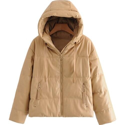 Aonibeier 2021 Za Woman Winter Coats Traf Drop Shoulder Faux PU Leather Hooded Zipper Padded Jacket Casual Loose Puffer Parkas
