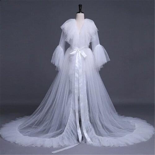 White Illusion Tulle Long Sleeve Bridal Wrap Sexy Kimono Pregnant Party Sleepwear Women Bathrobe Sheer Nightgown Robe