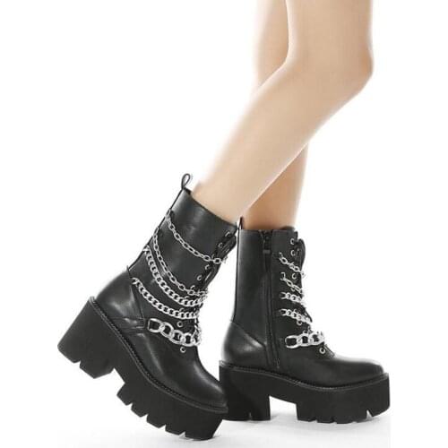 Black Boots Women Heel Sexy Chain Chunky Heel Platform Boots High Quality Leather Gothic Female Punk Style Ankle Boots Zipper