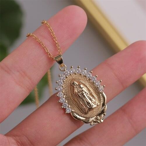 High Quality CZ Zircon Gold Color Copper Metal Virgin Mary Pendants Necklaces For Women Girl Stainless Steel Chain Necklace Gift