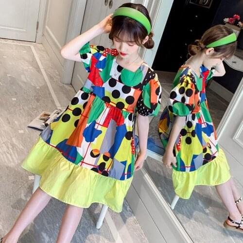 Girls' stitching black dot skirt foreign short sleeve dress Korean fashion middle school childrens summer dress, princess skirt