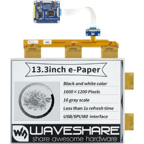 Waveshare 13.3inch e-Paper e-Ink Display HAT For Raspberry Pi, 1600*1200 resolution, 16 Grey Scales, Supports partial refresh