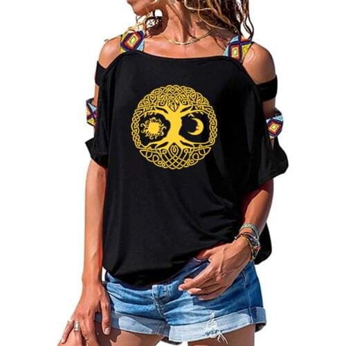 Sun Moon Sunshine Stars Crescent Dual Ethnic Symbol Tree T-Shirt Women Loose Cotton Female T-shirts Hollow Out Shoulder Tees