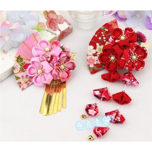 Headdress Side Clip Japanese Tsumami Kanzashi Pink Red Tassels Sakura Flower Fan Kimono Yukata Accessory Pure Handmade Hairpin