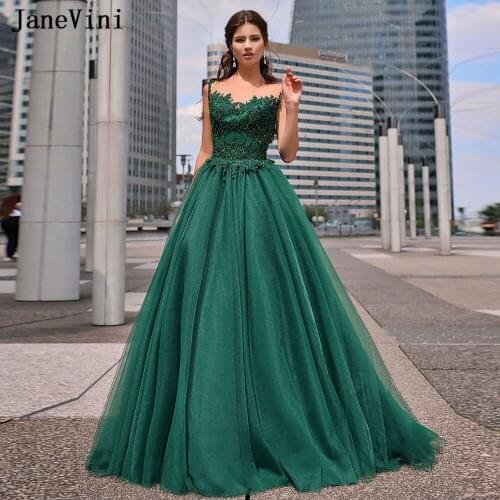 JaneVini New Elegant Emerald Green Long Prom Dresses for Women A Line Scoop Neck Appliques Beaded Illusion Tulle Plus Size Dress