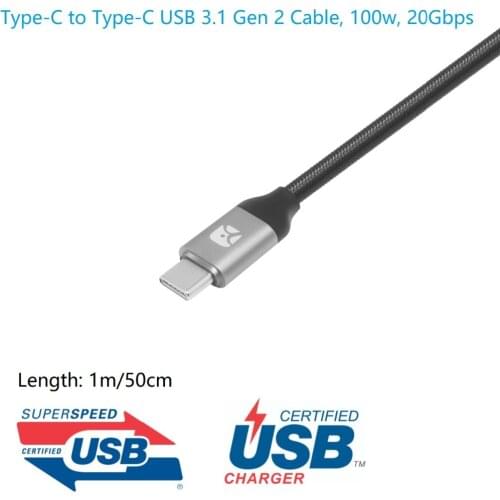Meenova Ultra Type-C to Type-C USB 3.1 Gen-2 Cable (10Gbps, 100W PD charging, e-marker), Thunderbolt 3 20Gbps 4k USB-IF Cert