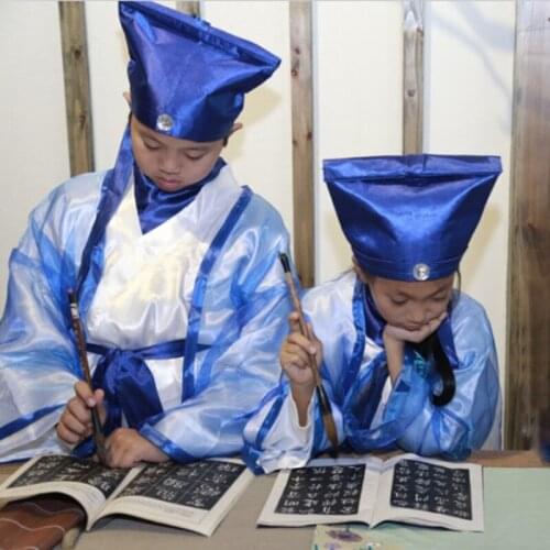 Chinese Traditional Hanfu Unifrom Adult Kids Gowns Talent Scholar Costumes Ancient Fairy Han Tang Dynasty Blue Suit C19322AC