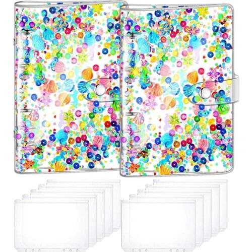 2Pc A6 Size 6 Holes Binder Cover Glitter Quicksand Soft PVC Planner Protector Glitter Budget Binder with 10Pcs A6 Binder