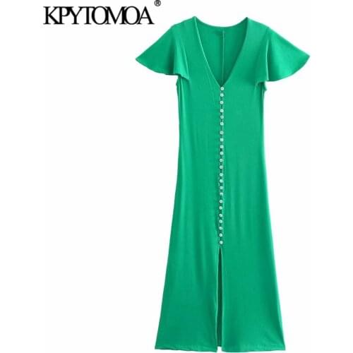 KPYTOMOA Women 2021 Fashion Ribbed Button-up Knit Midi Dress Vintage V Neck Short Sleeve Female Dresses Vestidos Mujer