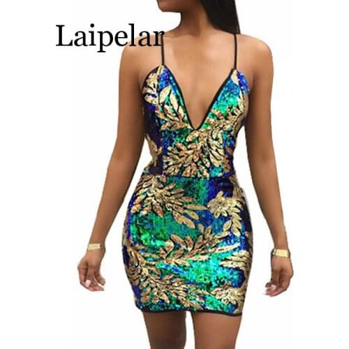 Laipelar Sexy Gold Green Sequins Dress 2019 Women V Neck Sleeveless Party Dress Luxury Backless Sequined Dress Sundress