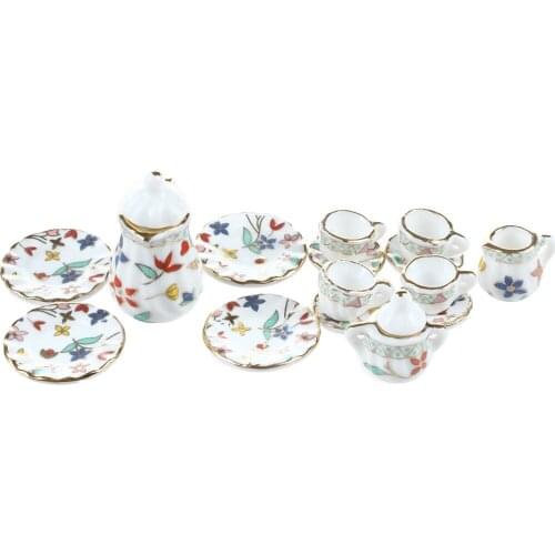 MACH 15 Piece Miniature Dollhouse dinnerware porcelain tea set tableware Cup plate Colorful floral print