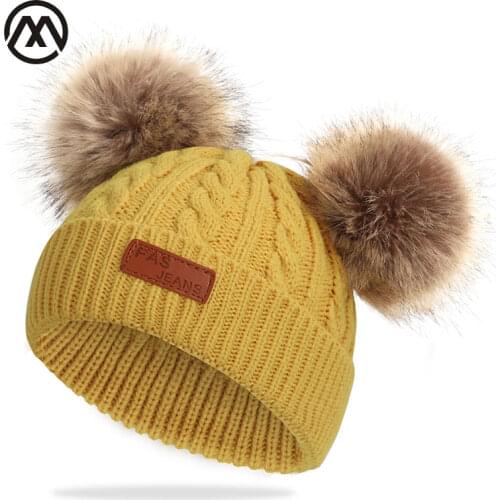 Cute baby child winter cotton hat outdoor leisure hair ball knit hat boy girl label thickening comfortable baby hat