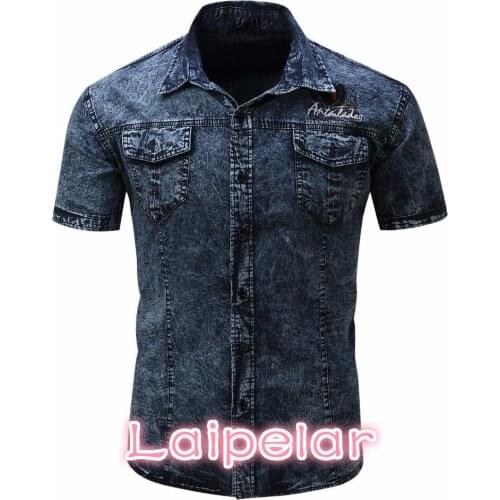 Summer Denim Casual Shirts Men New Short Sleeve Army Shirt Laipelar