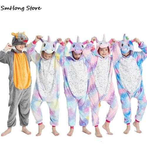 New Winter Flannel Dinosaur Kigurumi Pajamas Childrens Sleepwear Boys Girls Baby Toddler Rainbow Unicorn Pajama Kigurumis