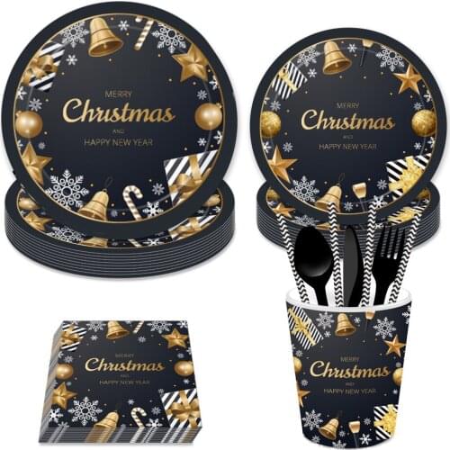 Christmas Theme Party Disposable Tableware Black Gold Colorful Paper Plate Cup Napkins Cartoon Decor for New Year Supplies