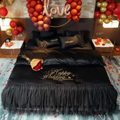 Luxury Gold Embroidery Egyptian Cotton European Wedding Black White Bedding Set Double Lace Duvet Cover Bed Linen Pillowcases