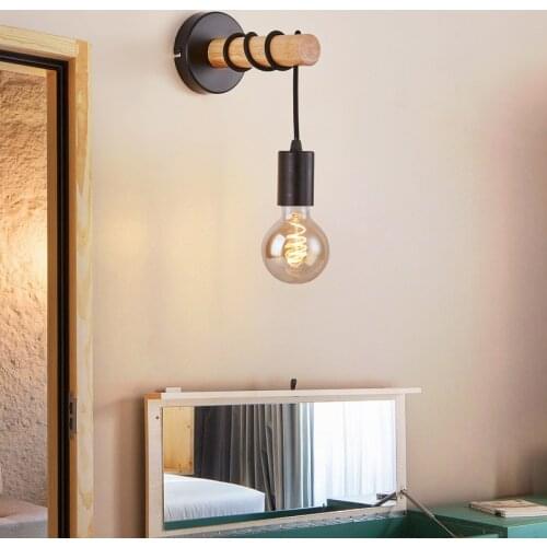 Modern Simple Interior For Home Living Room Solid Wood Wrought Iron Light Loft Cafe Bedroom Bedside Retro Black White Wall Lamp