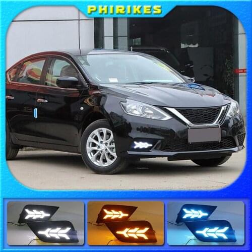 LED DRL daytime running light for Nissan Sylphy sentra 2016-2018 yellow turn signal, blue night light, wireless switch