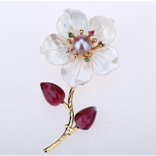 Yacq Womens Freshwater Pearl Rose Red Glazes CZ White Shell Flower Luxury Pin Brooch Pendant 2-in-1 Handmade Jewelry Gifts Girls