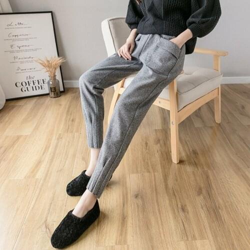 Plaid Pants Women 2021 Autumn Winter Woolen Pants Ankle-Length Elastic High Waist Harem Warm Trousers Female Loose Casual Pant