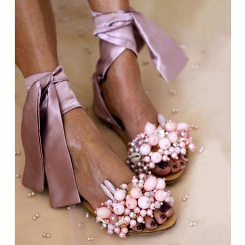 2021 Sandals Women Flat Sandals Ankle Strap Handmade Beaded Special Womens Shoes Beach Sandals New 35-43