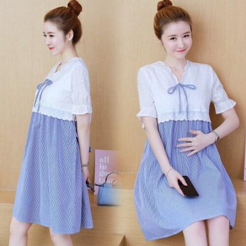 2021 Summer Patchwork Plaid Cotton Maternity Dresses V Neck Slim Waist Charming Clothes for Pregnant Women Elegant Pregnancy