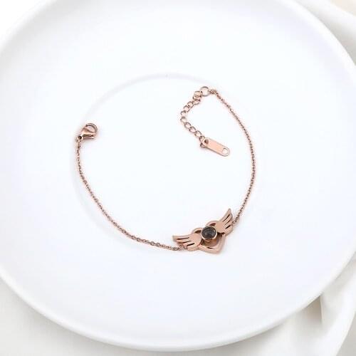 Cute Romantic Angel Wings Heart Bracelets For Women Elegant Rose Gold Stainless Steel Link Chain Birthday Party Gift Jewelry