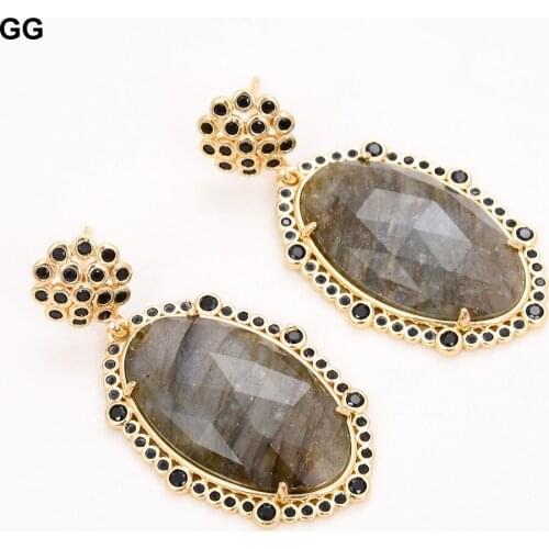 GuaiGuai Jewelry 22x33mm Natural Gems Faceted Oval Labradorite Cz Pave stud Earrings