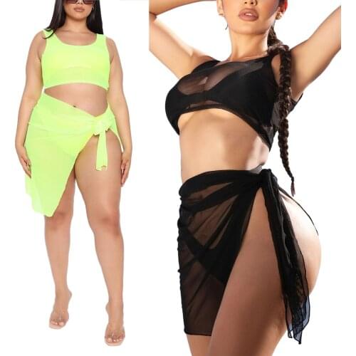 Hirigin New Women Sexy Two-piece Cover Up Clothes Set Solid Color Perspective Sleeveless U-shaped Collar Crop Tops Cover Skirt