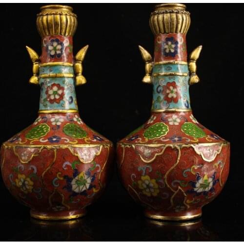 10 Chinese Folk Collection Old Bronze Cloisonne Gilt Lotus root Ear vase A pair lotus Flask Office Ornaments Town House Exorcism