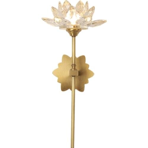 Chinese Zen Art Copper Crystal Wall Lamp Lotus Flower Retro Vintage Wall Sconce Indoo Lighting For Tea Room Bedroom Study Cafe