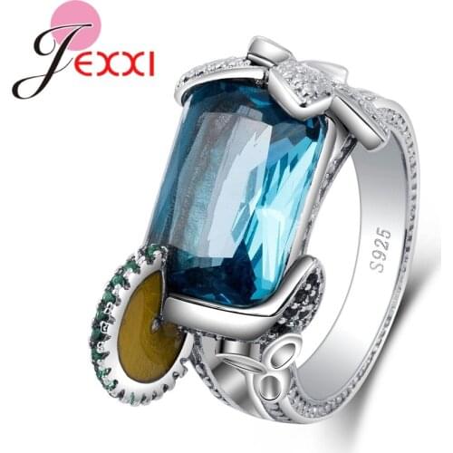 Fashion Design Light Blue Stone Rings Square Shape Creative Style 925 Sterling Clear Silver Jewelry For Women Lovers Gifts