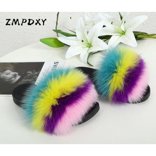 Womens Summer Fluffy Fur Slippers Kids/Childrens Raccoon Fur Slides Female Cute Plush Sandals Ladies Furry Flip Flops Home Shoe