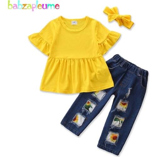 Toddler Girl Summer Outfit Children Clothes Fashion Short Sleeve Solid Baby T-shirt+Hole Jeans+Headband Kids Clothing Set BC1851