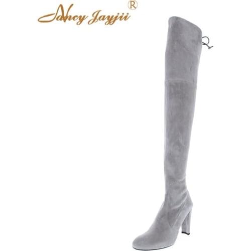Flock Women Shoes Adult ladies Boots Lace-Up Over-the-knee Super High Square heels Winter Solid Leisure Mature Nancyjayjii 2019