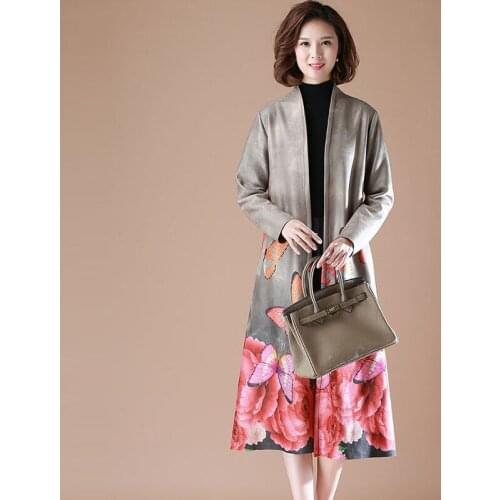 Autumn Winter Deerskin Trench coat Fashion Print Floral Long Windbreak Ethnic Wind Elegant High Quality Deerskin Coats FP1343